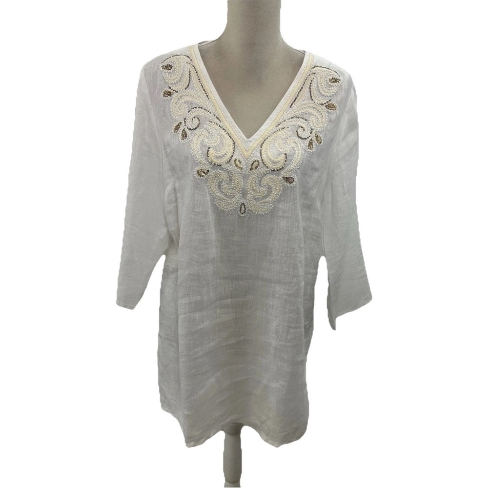 Cynthia Rowley Beaded Embroidered V Neck Linen Tunic Women’s Large White Boho
